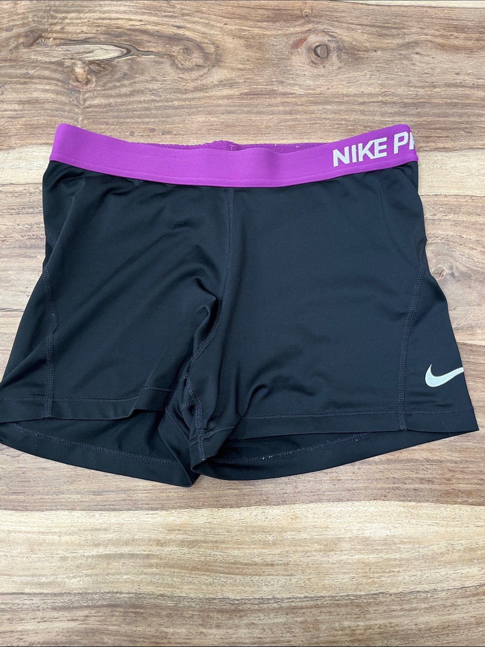 Nike Pro Dri Fit Black Athletic Compression Shorts with Purple Elastic Waistband